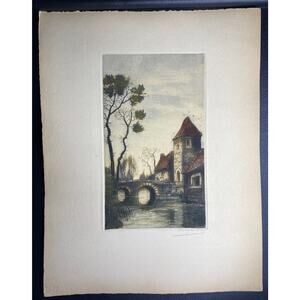 Henri Huguet Hand-Colored Etching Aquatint Village Bridge Tower Signed #rd 20thC